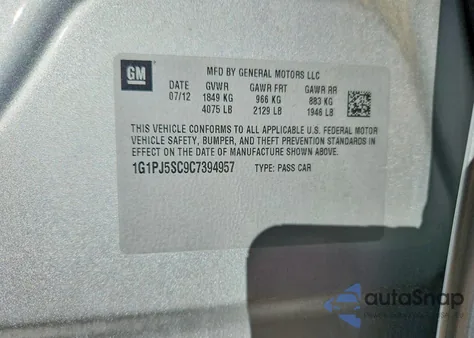 2012 Chevrolet Cruze Eco z USA, uszkodzony, nr VIN 1G1PJ5SC9C7394957